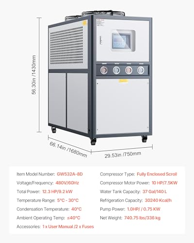 Image of VEVOR Air-Cooled Water Chiller, 12.3 HP, Industrial Water Chiller with 30,240 Kcal /h Cooling Capacity, Dual Compressor, 37 Gal Large Tank, LED Display, Cooler for Cooling Water, Not Air Conditioner