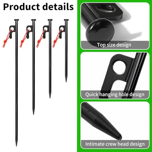 Tent Stakes Heavy Duty Set - Juego de 16 estacas para tienda de acero forjado para camping, senderismo y exteriores, negro, agujero para colgar rápido, antideslizante miniatura 3
