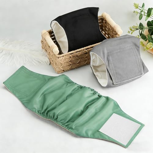 Dalephoric 3 Stück Hundewindeln für Rüden, Wiederverwendbare Hundewindeln, Größe L, Taillenumfang 50–62 cm, Rüdenwindel, Windeln für Männliche Hunde, Waschbar (Schwarz, Grün, Grau)