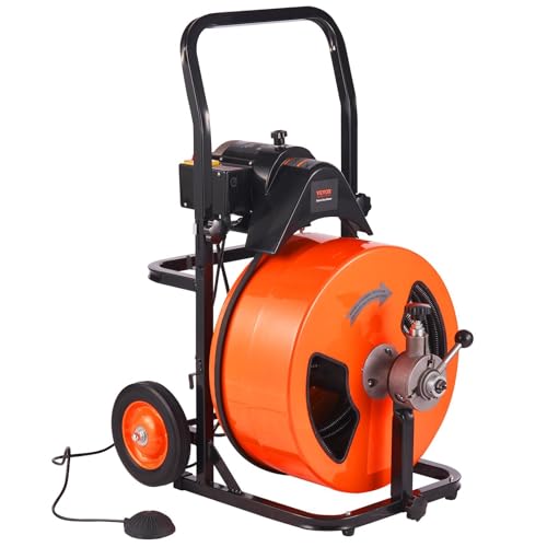 Drain Cleaning Machine 100FT x 3/4 Inch, Sewer Snake Machine Auto Feed, Drain Auger Cleaner with 4 Cutter & Air-Activated Foot Switch for 1