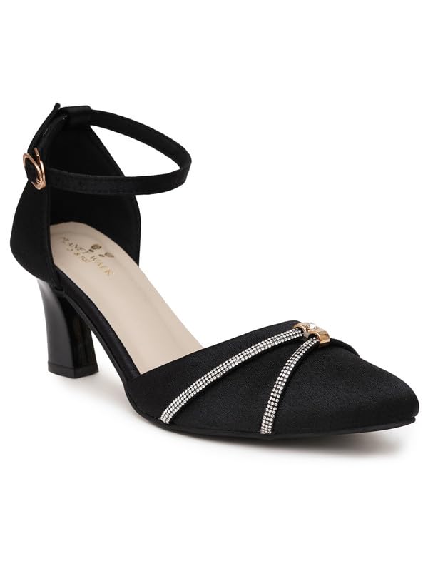 Black Pointed Toe Western - Embellished Solid Block Heels For Women-image-26
