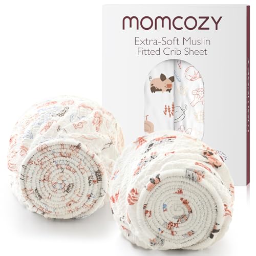 Image of Momcozy Best Wishes Muslin Fitted Mini Crib Sheets, 38''x26'', 2 Pack Soft Breathable Natural Cotton Baby Mattress Sheet, 360° Mattress Wrapping Boys Girls Neutral Toddler Bed Sheet, Farming Joy