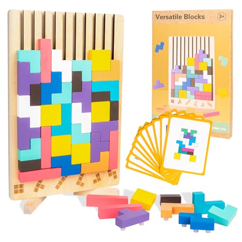 VORHOT Tetris Puzzle 3D de madeira, jogo de quebra-cabeças com 42 blocos geométricos coloridos e 10 cartões, brinquedos Montessori crianças 3 4 5 anos, inteligência cérebro Jigsaw, Stem educativo