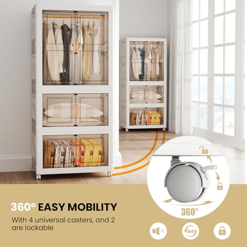 Image of COSTWAY Portable Wardrobe with 10 Retractable Hangers, 421L Foldable Plastic Clothes Cabinet with Doors and 4 Wheels, Mobile Collapsible Stackable Storage Boxes Containers Closet Organizer for Bedroom