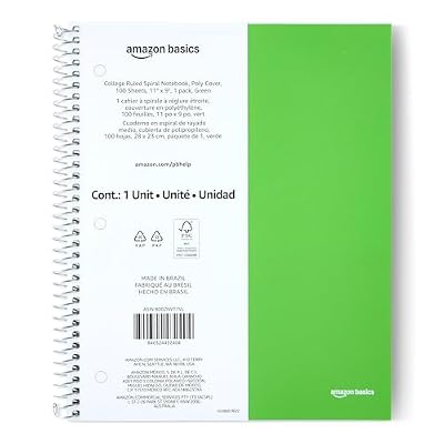 Amazon Basics College-Ruled Spiral Notebook, Poly Cover, For Work and School, 100 Sheets, 9" x 11", Green, 1-Pack