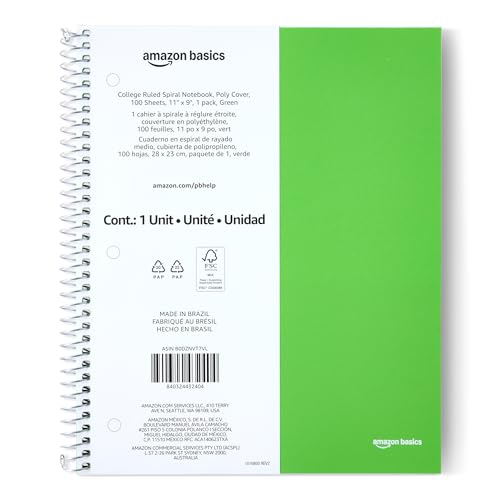Amazon Basics College Ruled Spiral Notebook, Poly Cover, 100 Sheets, 11" x 9", Green, 1-Pack