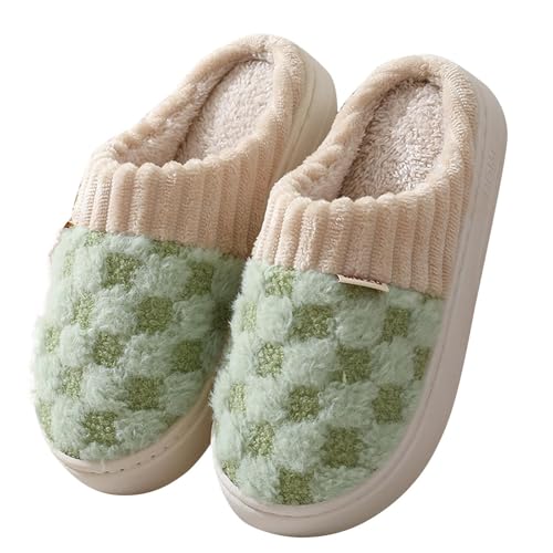 Indoor Fleece Slipper for Women 2025 Checkered Stretch Warm Slide Casual Lounging Platform Sandal Bedroom Fuzzy Shoe