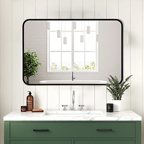Rozycher Black Btahroom Mirror 20X30 Inch, Rectangle Mirror For Wall, Decorative Black Wall Mirror For Bathroom, Bedroom, Living Room, Rounded Corner Wall Mirror Hangs Horizontal Or Vertical #TOP1