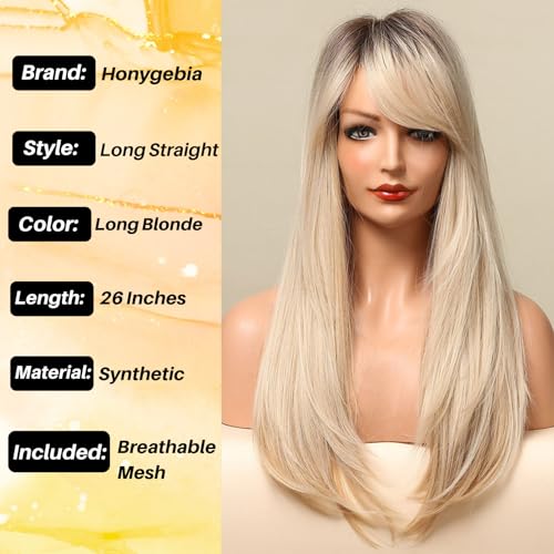 Honygebia Long Blonde Wig with Fringe, Dark Root Blonde Ombre Wigs for Women Striaght Wavy Synthetic Heat Resistant Hair - Image 3