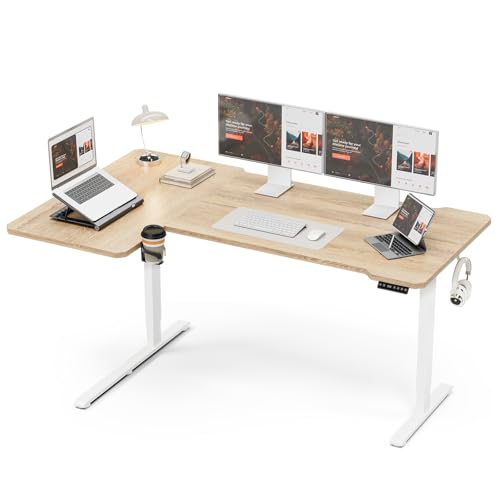 Image of Acrolix L Shaped Electric Standing Desk, 71x43.5 Inch, Oak | 176 lb capacity,28.3-46.4 inch height,3 memory presets,quiet <45dB motor,cup holder&hook,home office gaming corner desk