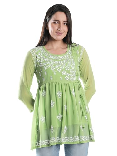 Image of Seva Chikan Hand Embroidered Lucknowi Chikankari Angarkha Georgette Top with Slip for Women SCL4041
