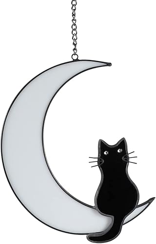 Vindar Gato blanco sentado en la luna azul, adorno para colgar en la ventana, regalo conmemorativo para los amantes de los gatos, amigos, regalo