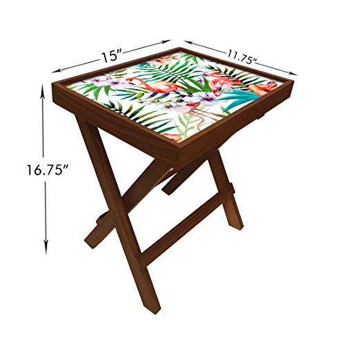 Image of Nutcase Designer Teak Wood Side Table Folding Wooden Bedside Coffee Outdoor Picnic Table - Flamingoes Floral