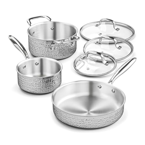HJZSZX Juego de ollas y sartenes de acero inoxidable martillado con tapa de vidrio Juego de utensilios de cocina de 6 piezas Juego de ollas y sartenes de inducción para cocina, martillado 6 piezas,