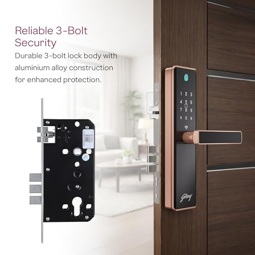 Image of Godrej Smart Lock | Neo Connect Digital Lock for Wooden Door| WiFi, Fingerprint, PIN, RFID Card, Mobile App, Mechanical Key| 5 in 1 Access | 3 Dead Bolts | Rose Gold | 3Yrs Warranty Free Installation*