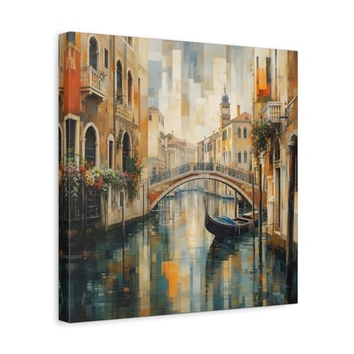 Tableau Venise canal impressionniste decoration murale salon peinture paysage urbain bleu chaud 14x14