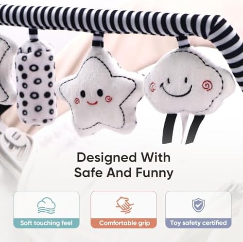 TinlyFinly Baby Bouncer Toy Bar Soft with 4 Hanging Sensory Toys Attachment, Compatible with Baby Bjorn Bouncer, with Mirror, Rattle, Crinkle Sound for Babies All Ages (Black and White Shapes) — view 3