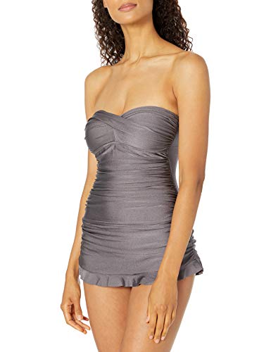 Profile by Gottex Women's Classic Bandeau Swimdress One Piece Swimsuit, Satin Nights Gunmetal, 14