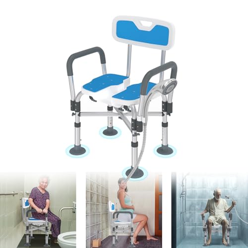 LZQ Silla de ducha con respaldo y reposabrazos extraíbles, taburete de ducha para personas mayores, altura regulable, asiento de baño, asiento de ducha, antideslizante, hasta 200 kg