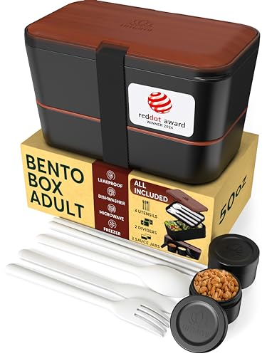 Umami Premium Bento Box Adult, Design Award Winner, Space-Saving Nestable Lunch Box w/Wood Lid, 4 Utensils, 2 Sauce Jars, 100% Leakproof, Microwave Safe Lunch Containers for Adults