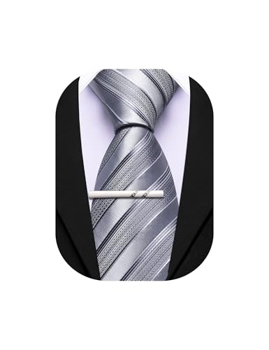Image of Barry.Wang Silk Men Ties Formal Stripes Necktie and Tie Clip for Wedding Party Business Fashion Classic
