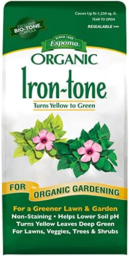 Espoma Organic Iron-Tone 3-0-3 Organic Fertilizer and Plant Food to Help Correct Iron Deficiency (Chlorosis). 5 lb. Bag. Turns Yellow to Green, Non Staining Iron