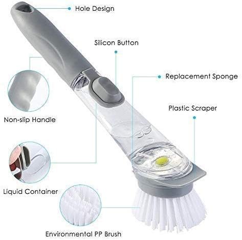 GALV soap Dispensing Dish Brushes Dishwasher Brush with soap Dispenser Long Handled Hydraulic dishwashing Brush Kitchen Tool Cleaning Brushes,Non Stick brushs,Dish Cleaning brushs(Gray)(23.4x5.4 cm) 2