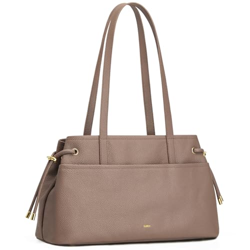 Image of Kattee Stylish Leather Bucket Bag for Women with 2 Detachable Straps | Top grain pebbled leather with drawstring sides, roomy pockets, and space for a 7.9-inch tablet.