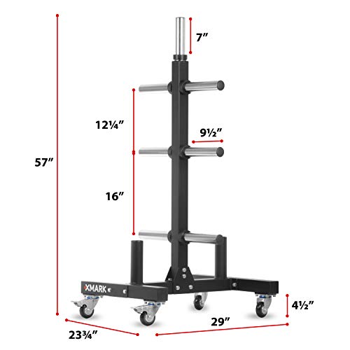 XMark Commercial Olympic Weight Plate Vertical Storage Tree, 750 lb Capacity, with Two Bar Holders and Transport Wheels - Thumbnail 3