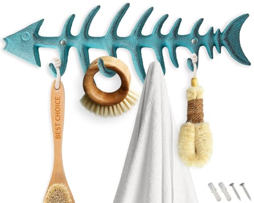 Comfify Dekorativer Fischgräten Handtuchhalter - Stilvoller Gusseisenbügel mit 4' Gräten-Haken - Inklusive Schrauben und Dübeln - Blau