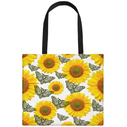 Mularoka Watercolor Sunflowers Butterflies Square Canvas Tote Bag Top Handle Purses Stylish Women Canvas Shoulder Tote Bags Reusable Handbags for Work Travel Picnic Beach Shopping Gym Hiking