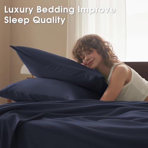 Image of Queen Size 4 Piece Sheet Set - Comfy Breathable & Cooling Bed Sheets Set, Soft and Wrinkle Free, Deep Pockets, Easy & Secure Fit, Hotel Luxury Bedding - Oeko-Tex - Navy Blue