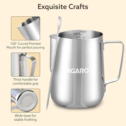Image of AGARO Milk Frothing Pitcher - 600ml Stainless Steel Coffee Jug with Latte Art Pen | Durable 304 Grade Steel Espresso Pitcher for Milk Frothing, Cappuccino & Barista Tools