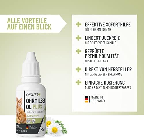 ReaVET Ohrmilbenöl Plus 25ml - sofort wirksam gegen Ohrmilben bei Katzen, sanfte Ohrentropfe, Ohrenreiniger für Katzen m