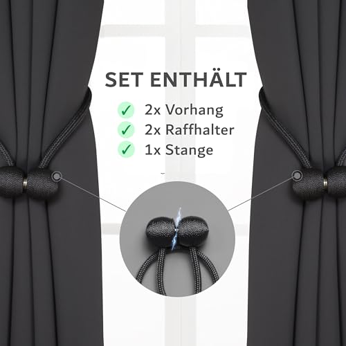 Praktisches Set ohne Bohren: 2x Vorhang + 1x Klemmstange silber 70-120 cm + 2x Raffhalter mit Magnet blickdicht & verdunkelnd, als Raumteiler, Fenster & Tür Anthrazit Thermovorhang 175x135cm