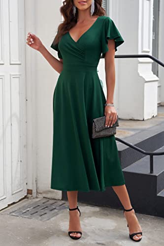 PRETTYGARDEN Summer Midi Dress 2025 Elegant Classy Ruffle Sleeve V Neck Cocktail Wedding Guest Spring Fit and Flared Dresses4