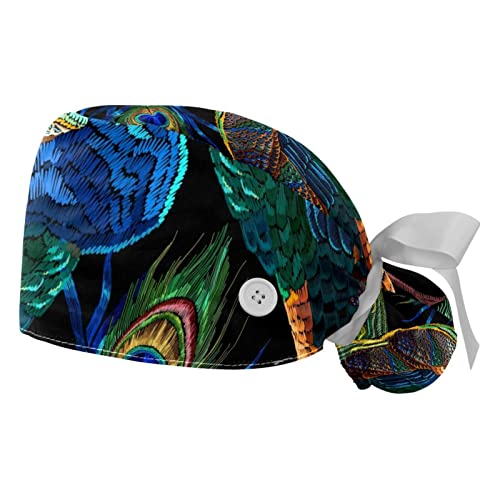 Chapeaux bouffants ajustables JDEZ avec motifs paons et plumes pour hommes et femmes