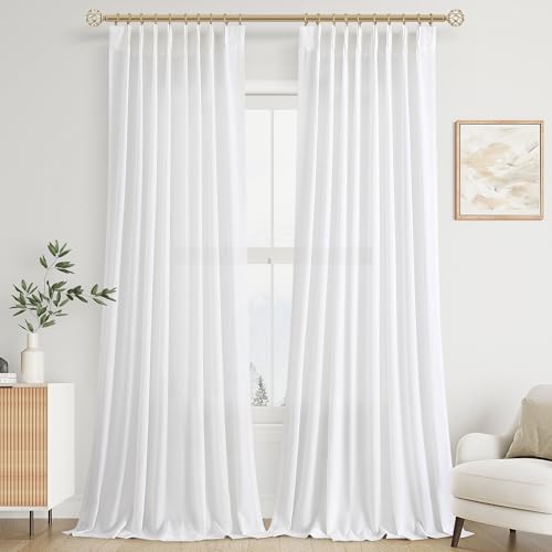 Soft White Pinch Pleat Linen Curtains 120 Inch Length 2 Panels Set for Bedroom Dining Room Semi Sheer Linen Boho Farmhouse Neutral Window Curtains 120 Inches Long for Living Room Nursery 50x120