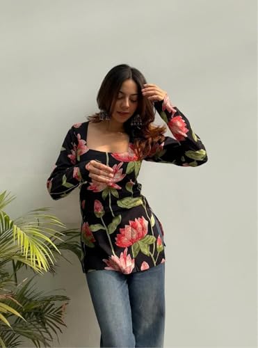 Image of ANNI Designer Women's Viscose Blend Printed Short Kurti for Women Floral Design Square Neck Top | Short Kurtis for Woman | Kurti Tops for Women | Kurtas for Woman | Kurti with Jeans Styling