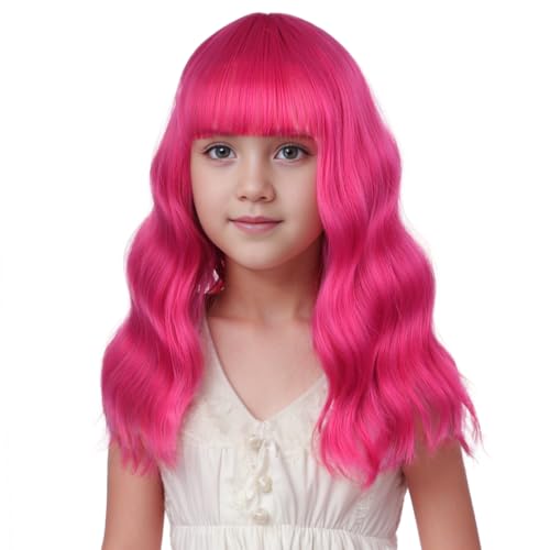 Image of Hot Pink Wig Short Hot Pink Wavy Curly Wigs Pink Wig with Air Bangs ynthetic Cosplay Hair Wig