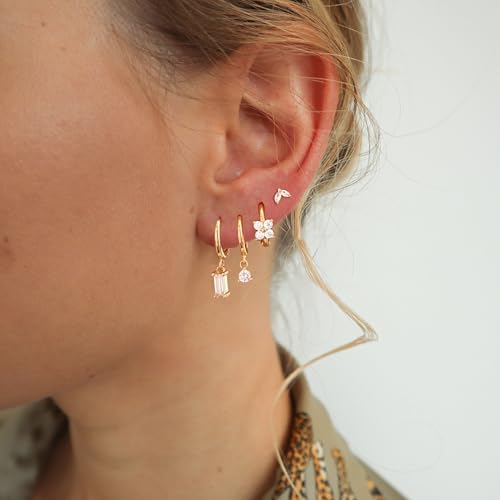 Image of Gold Earrings for Women, 14k Gold Plated Dangle Huggie Earrings for Women Trendy Dainty Gold Hoop Earring Stacks Hypoallergenic Pearl Chain Drop Cartilage Earring Fashion Womens Jewelry