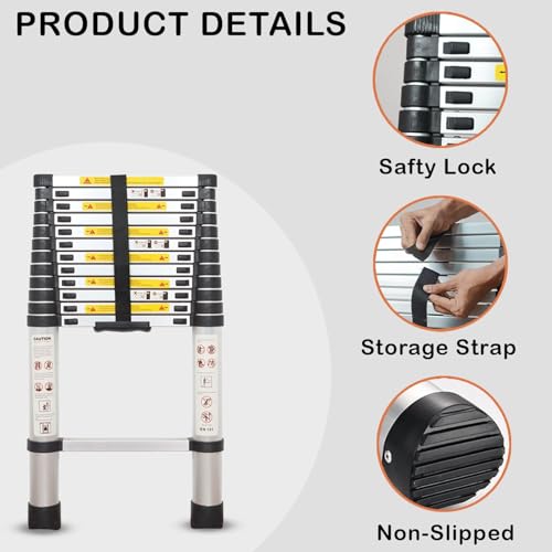 Image of HOUZA Aluminum Telescoping Ladder for Home, 12.5 Ft (3.8m) Foldable Soft-Close Telescopic 13-Step Multi-Purpose Portable Compact Ladder for daily home tasks use safely secure, Industrial & Outdoor Use