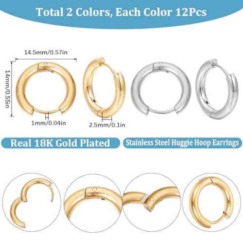 SUNNYCLUE 1 Box 12 works 2 Colors Leverback Earring Hooks Huggie Hoops Real 18K Gold Plated Stainless Steel 14mm Round Lever Back Ear Wires Huggie Hoop Earring Findings for Jewellery Making Supplies - Image 2