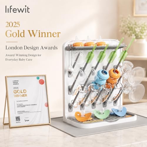 Image of Lifewit Large Baby Bottle Drying Rack with Drain Mat & 15 Hooks, Newborn Essentials Must Haves, Bottle Storage Organizer for Countertop, Cabinet, Rack Dryer Holder for Pacifiers, Pump Parts