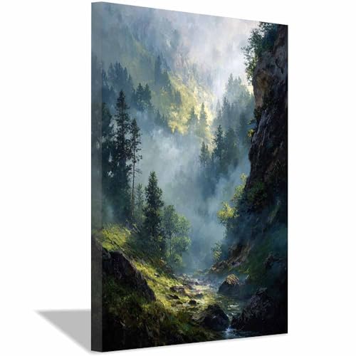 Toile murale forêt Fog Valley Creek XENIOU - Tableau paysage decoration multicolore de salon