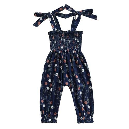 Summer One Piece Outfits Infant Baby Girl Romper Jumpsuit Sleeveless Ruffle Halter Floral Bodysuit Clothes, Blue, 18-24 Months