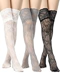 Fourluoo 3 Pairs Women's Lace Socks Thigh High Stocking with Lace Trim Fishnet Mesh Lolita Boot Socks over Knee Stockings (Gray, White, Black,Medium)