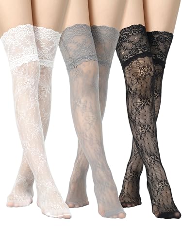 Fourluoo 3 Pairs Women's Lace Socks Thigh High Stocking with Lace Trim Fishnet Lolita Boot Socks Hollow over Knee Stockings(Gray,Black,White)