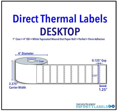 2.25" X 1.25" Direct Thermal Labels - 1" Core, 4" Outer Diameter. Supplied 1000 Labels Per Roll - 12 Rolls Per Case (12000 Labels)
