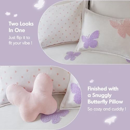 Image of Intelligent Design Kids Girls Butterflies Multi Twin Comforter Set, 3pc | Children Bedding, Back to School, Tufted Chenille, Pink Polka Dot, Reversible, Machine Washable, Easy Care